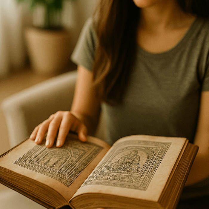 Mujer leyendo un libro antiguo